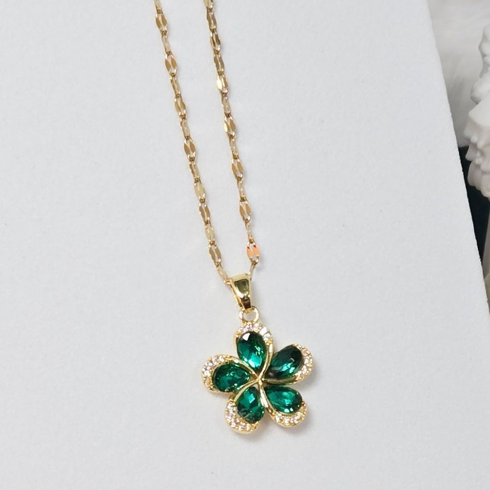 Emerald Green CZ Flower Necklace Gold Plated May Birthstone Floral Pendant Gift - Picture 3 of 9